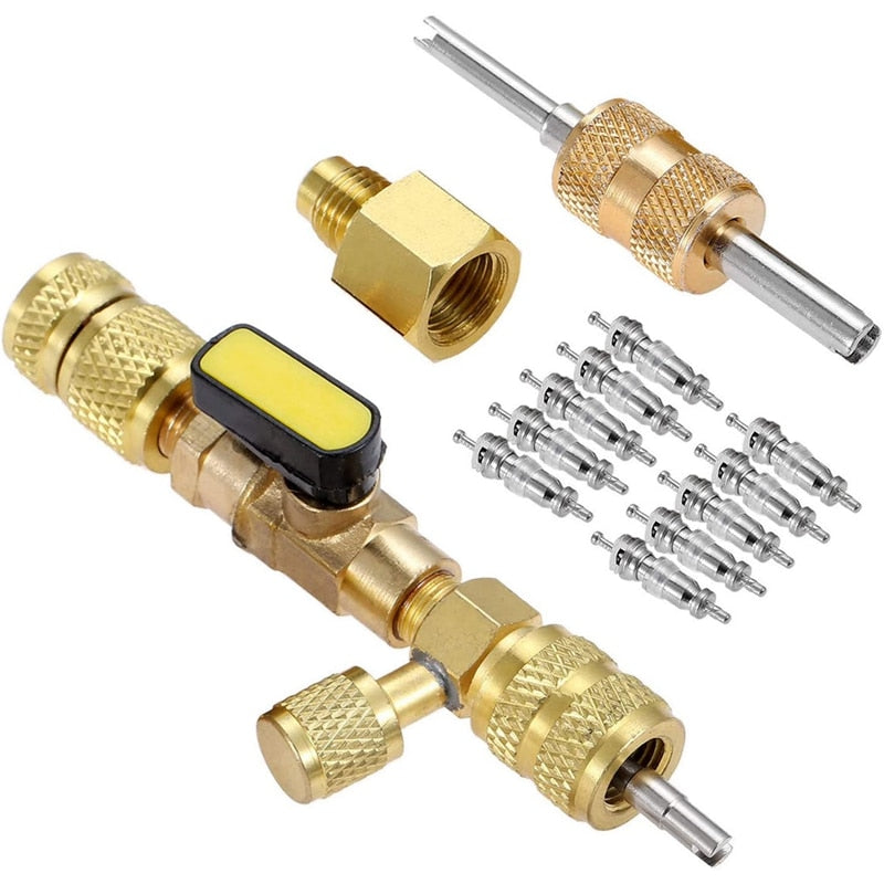 Outil d'installation de dissolvant de noyau de valve R410A R22 avec port double taille SAE 1/4 et 5/16 pour système HVAC R404A R407C R134A R12 R32