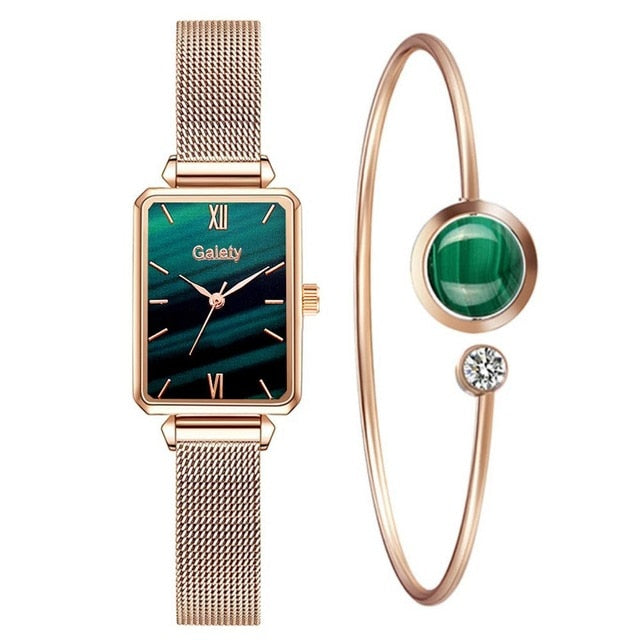 Gaiety marque femmes montres mode carré dames montre à Quartz Bracelet ensemble cadran vert Simple or Rose maille luxe femmes montres